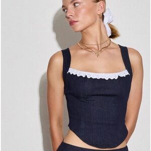 Motel Rocks Navy Blue Corset Tank with White Lace Trim